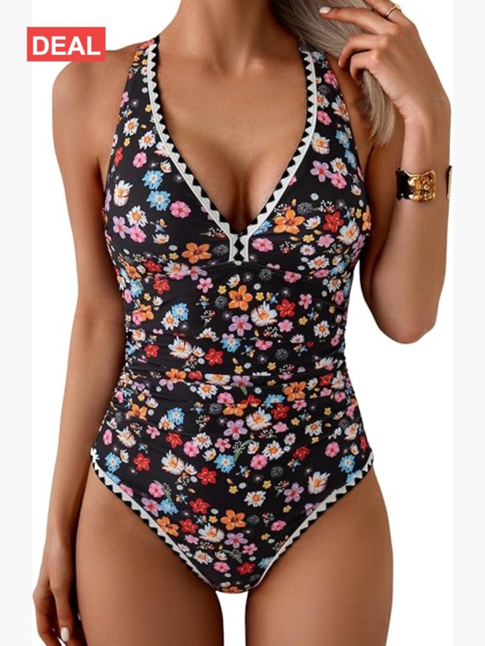 One Piece Swimsuit Tummy Control Ruched Push Up Tie Back V Neck Shell Stitched